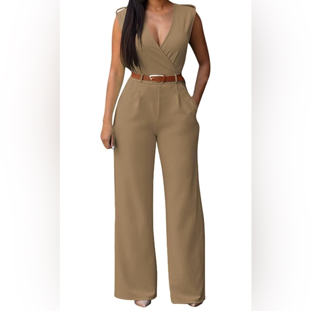 Tan High-Waisted Jumpsuit with Wide-Leg Silhouette